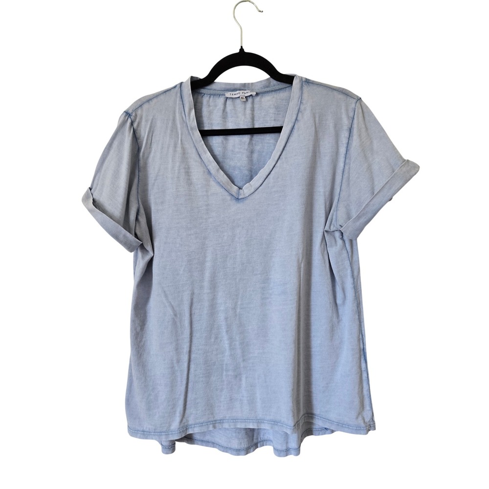Tempo Paris M/L V-Neck T-Shirt Top Womens Distressed Blue Cotton Made in Italy